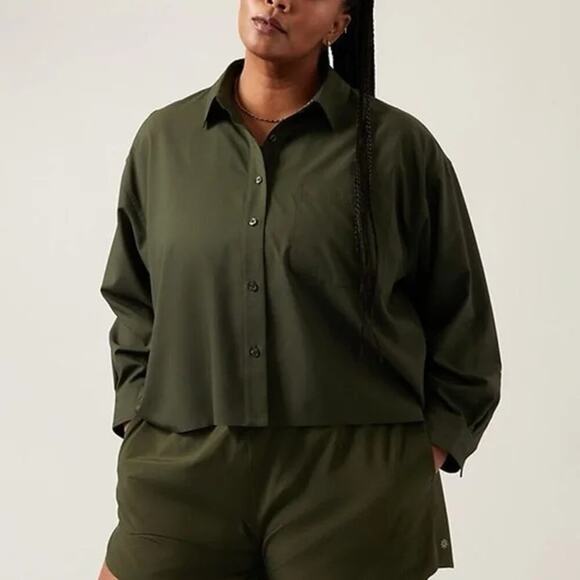Athleta Cropped Stretch Tech Top Green Womens 3X NWT‎ Button up Collared Work - Picture 1 of 8